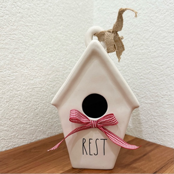 RAE DUNN "REST" Artisan Collection Magenta Red Plaid Ribbon Birds Nest Birdhouse - Picture 1 of 14